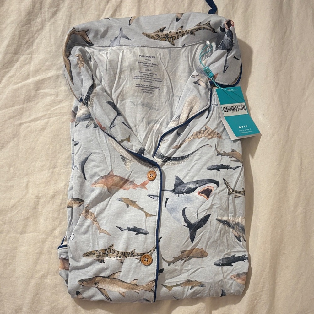 Posh Peanut Maverick Shark Pajama Set with Navy Trim